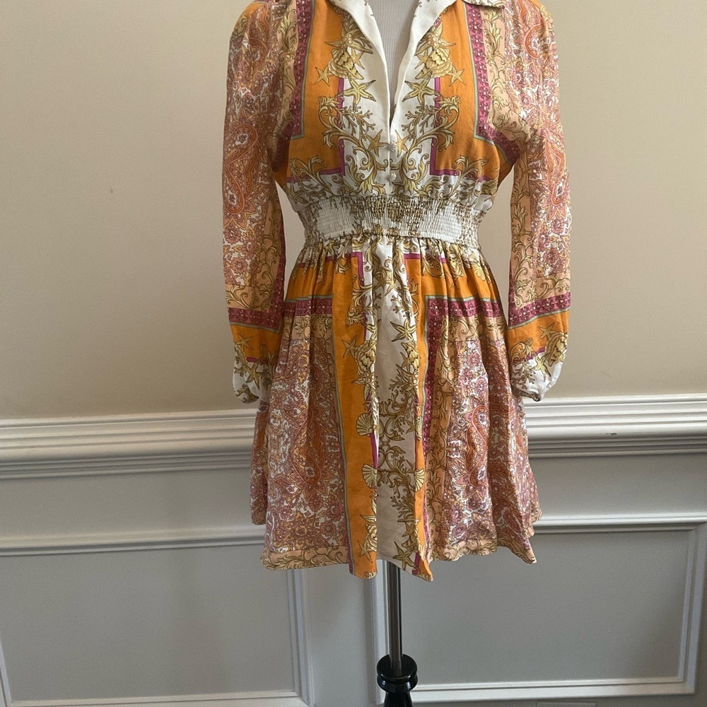 Maje Roquila A-Line Scarf Print Shirt Dress Smock Waist Open Back Size 38